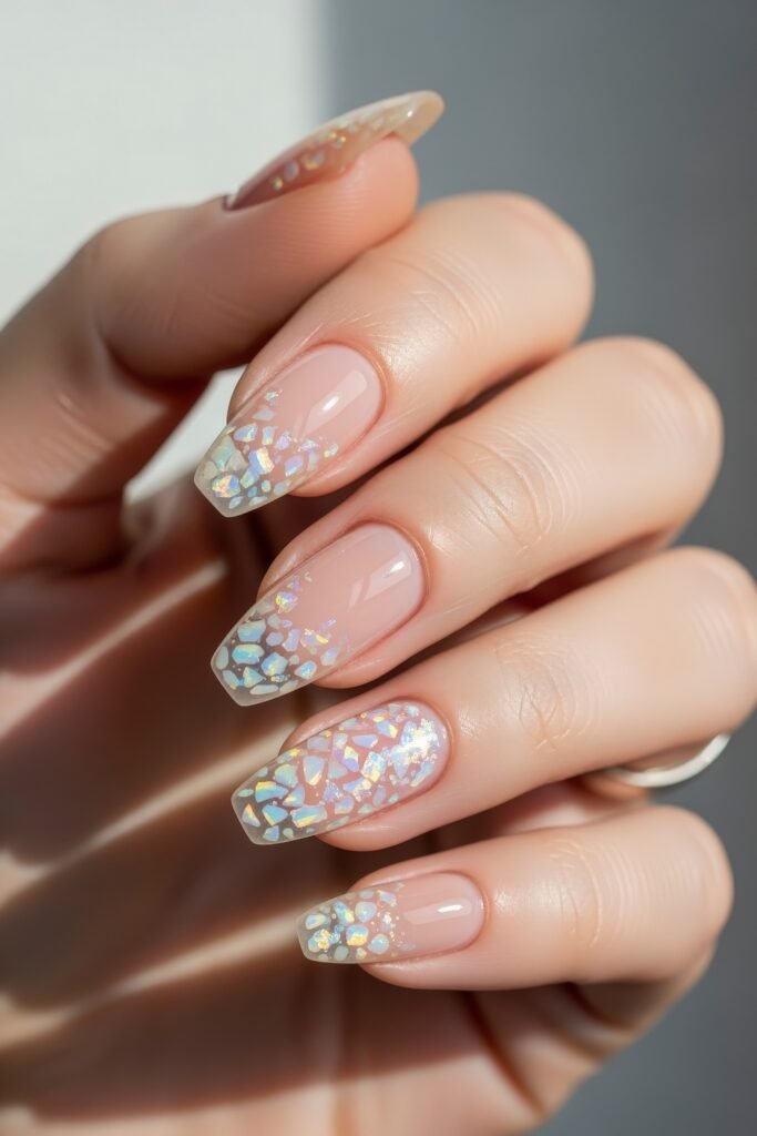 Square nails with a nude base and iridescent glitter flakes concentrated at the tips, creating a frosty, snow-dusted effect perfect for Winter Nails.