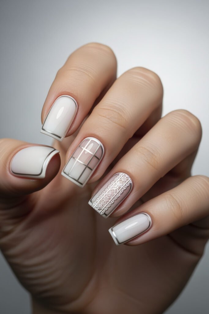 Milky White With Chrome Nails That Look Luxe 12 Square nails with a white base, thin chrome outlines, and minimalist grid and lace accents, creating a refined, structured appearance.