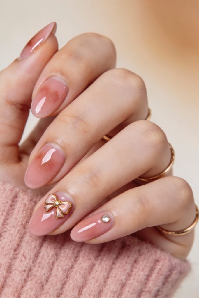 Pink Valentines Nails That Feel Chic, Glossy, and New 12 Soft pink valentines nails with a glossy finish, decorated with a pink bow charm and a single rhinestone for a minimal yet sweet style.