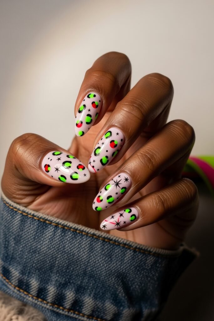 Swaggy Nails That Look Cool and Expensive 11 Almond-shaped nails with a soft pink base, decorated in high-contrast neon green, red, and black animal print alongside twinkling black stars, giving off major swaggy nails energy.