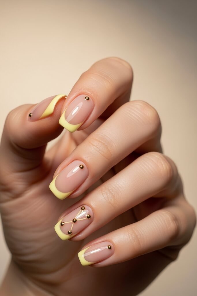 Fresh, Luxe Spring Nail Designs You’ll Want to Save 13 Pale yellow French tips paired with small gold studs and constellation-inspired dot patterns over a nude base, giving a celestial twist to spring nail designs.