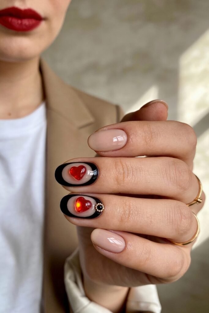 Black Valentines Day Nails That Feel Chic And Romantic 14 Minimalist nail art with two feature nails displaying 3D red hearts framed in black, creating a bold black valentines day look paired with glossy nude polish on the other nails.