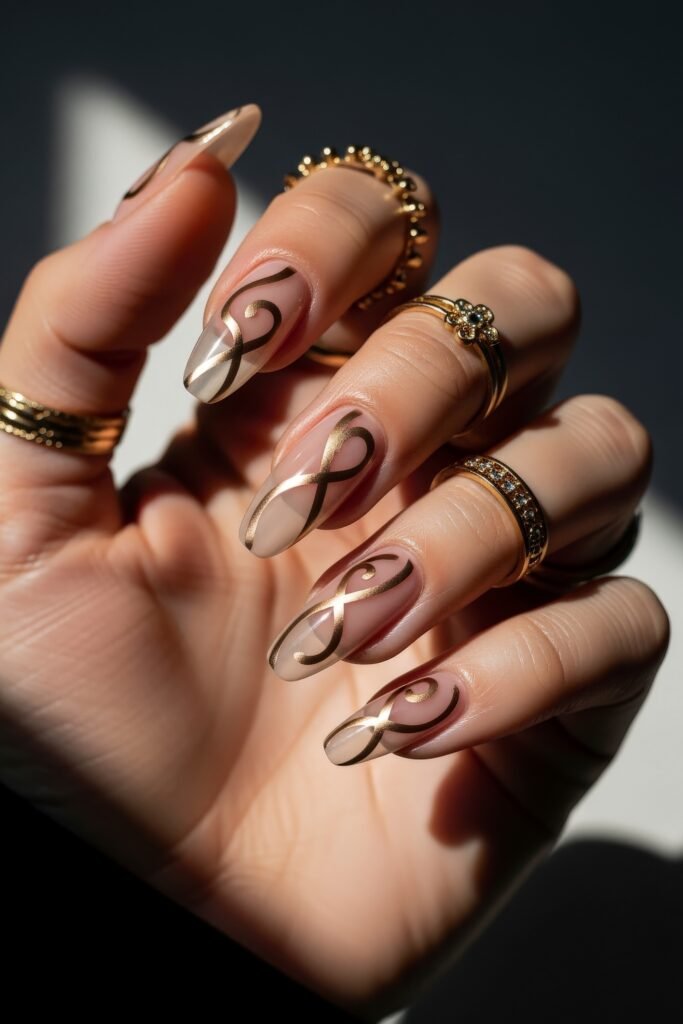Long almond nails with a sheer nude base and flowing gold swirls accented by tiny gems, offering an elegant, ornate style.