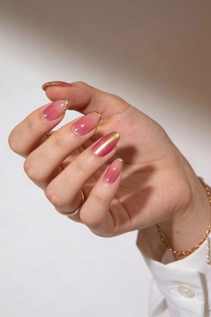 Transparent pink nails edged in gold, featuring minimalist gold studs and one nail with a glittery pink and gold shimmer.