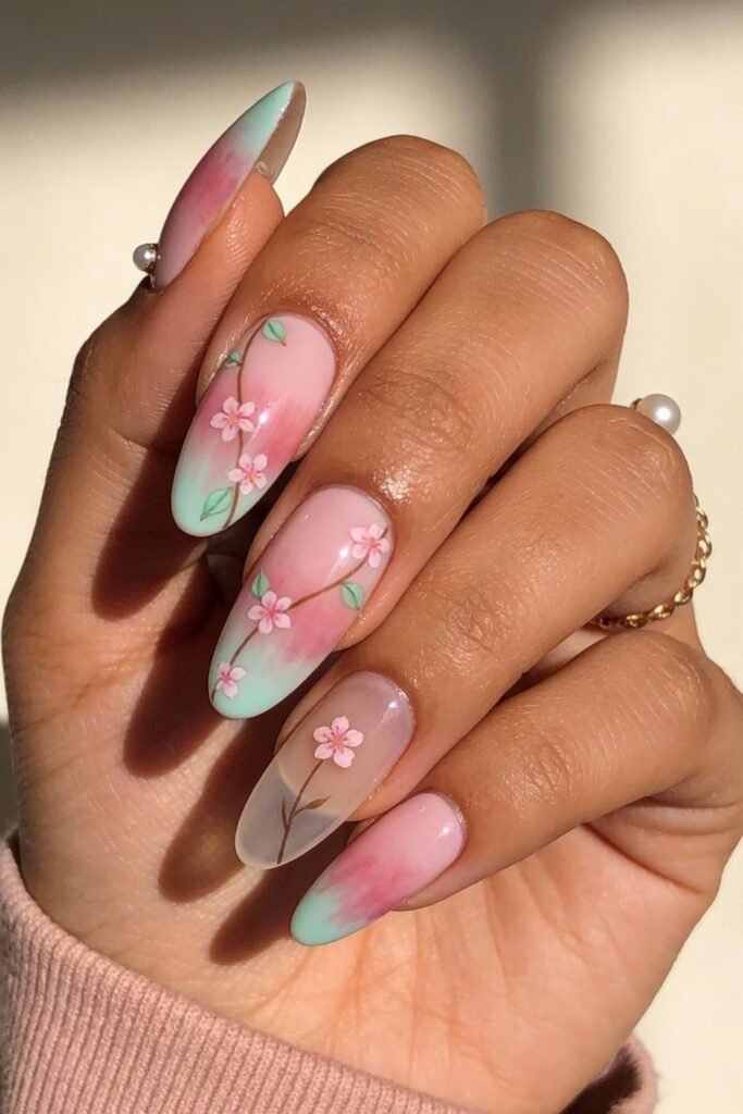 Long almond nails with a soft gradient blend of pink and green, embellished with delicate painted cherry blossom branches and tiny flowers, evoking a serene, nature-inspired pink and green nails aesthetic.