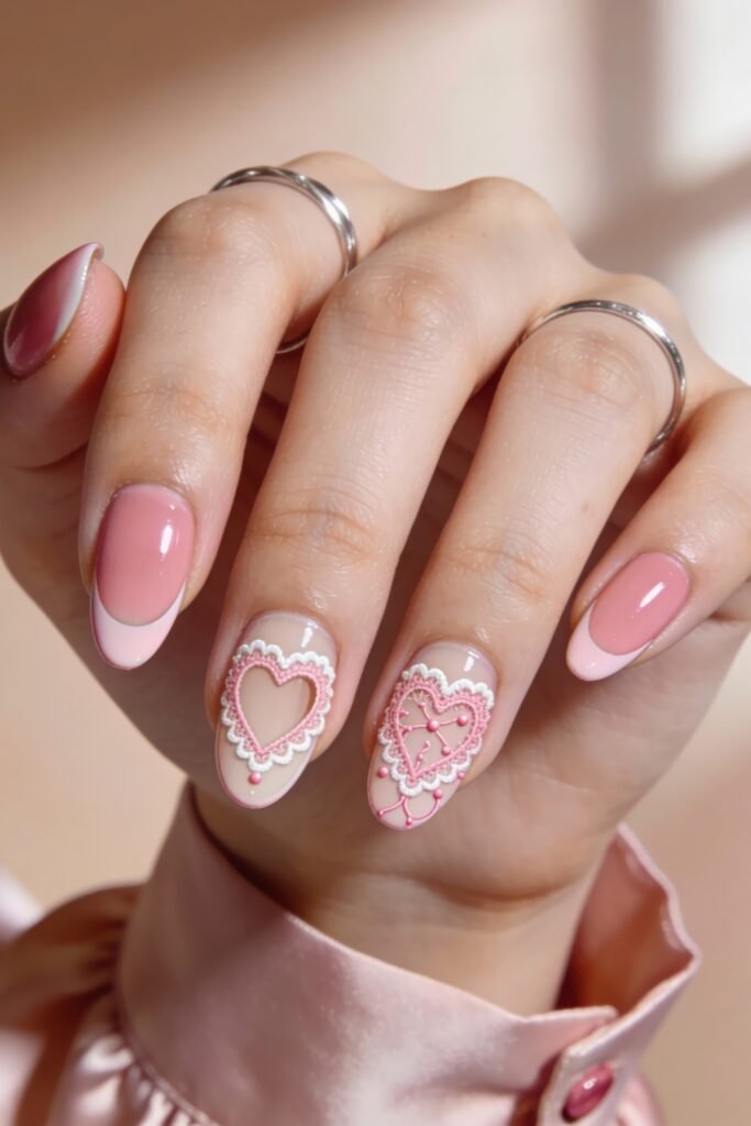 Pink Valentines Nails That Feel Chic, Glossy, and New 13 Almond-shaped pink valentines nails with intricate lace-like heart cutouts and embroidered details on a sheer base.