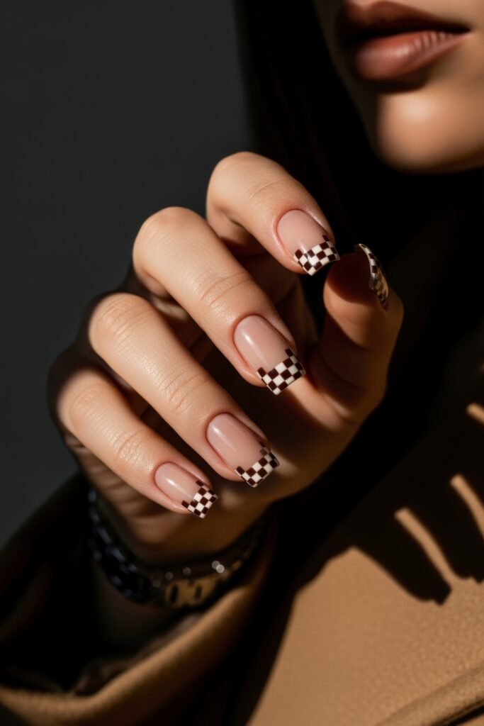 Swaggy Nails That Look Cool and Expensive 12 Clean nude nails with squared tips, finished with brown and cream checkerboard French tips—an understated yet trendy twist on Nail Art Ideas.
