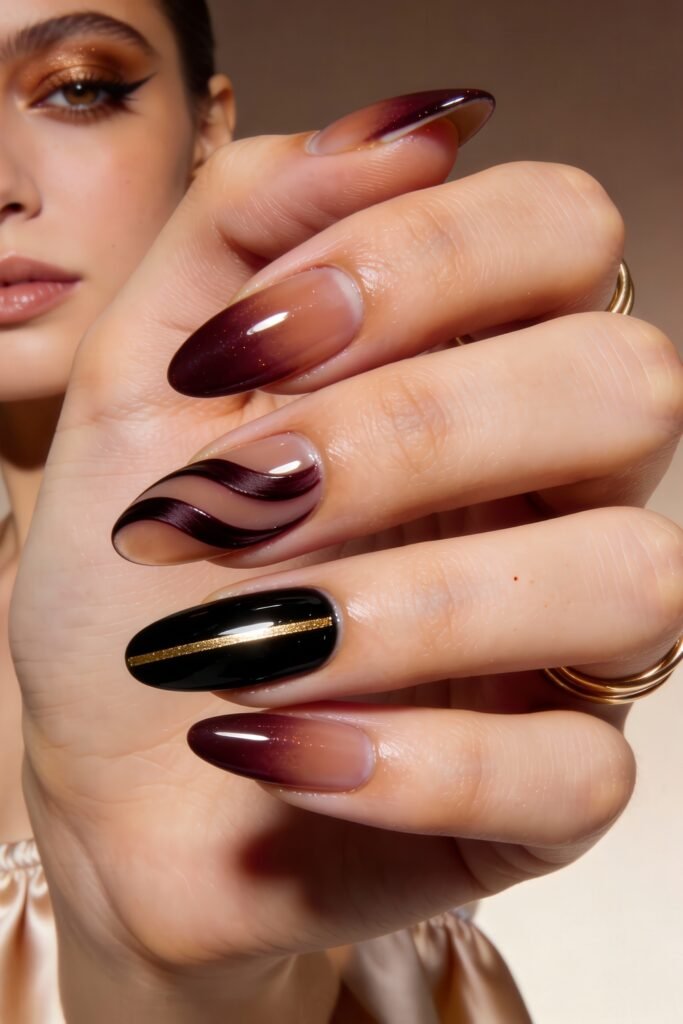 3d Nail Art Ideas That Look Luxe and Wearable 13 Almond nails with a wine-red ombré base, featuring deep burgundy waves and a bold black accent nail with a fine gold stripe, creating a sleek and elegant design.