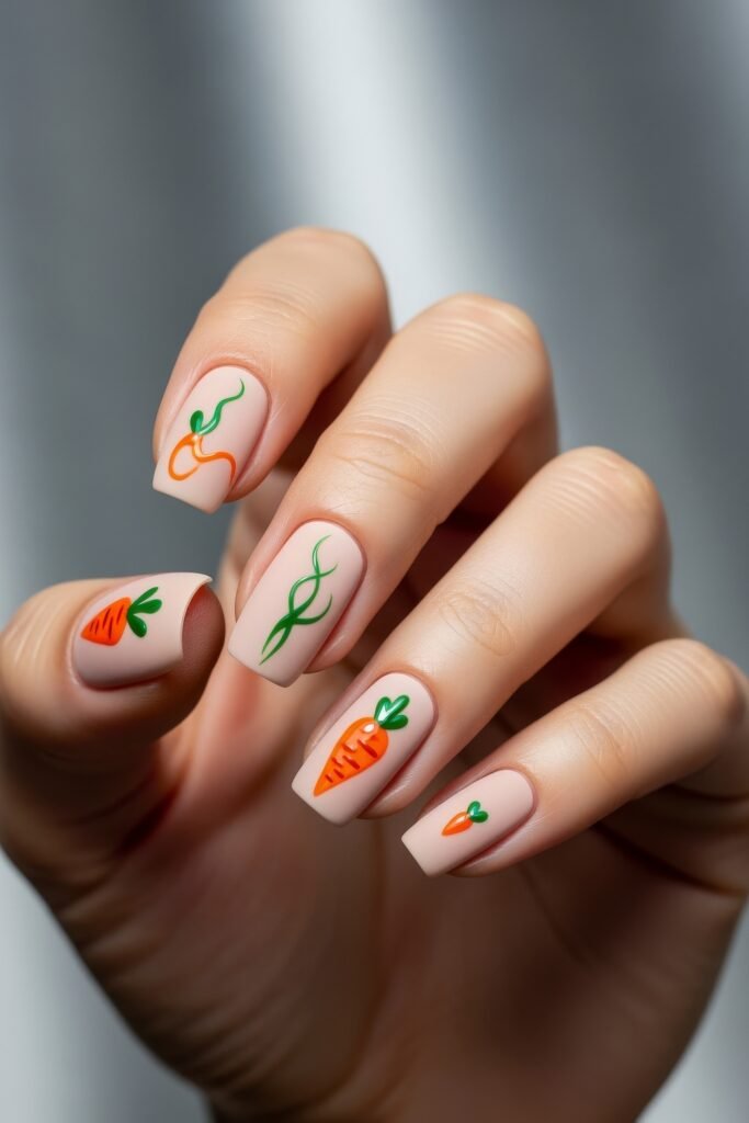 Soft nude nails with hand-painted orange carrots and curly green vines, blending fun and freshness in a creative Easter nail design.
