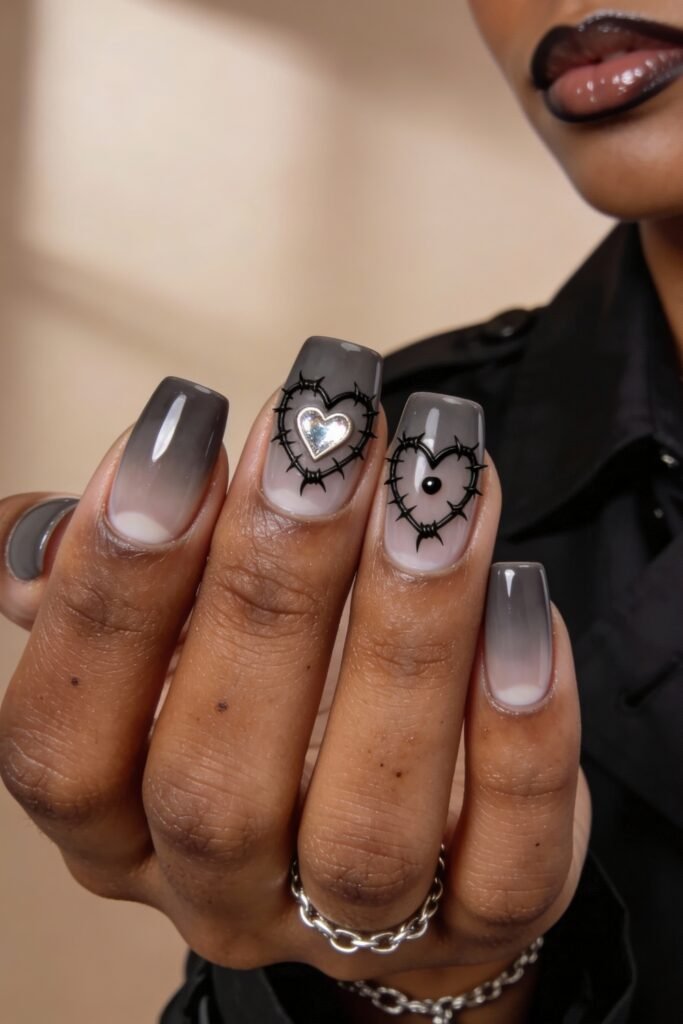Gothic Valentines Nails That Feel Dark and Romantic 13 Square-shaped gothic valentines nails in grey ombré, featuring barbed wire heart outlines enclosing a silver and black heart accent on the middle fingers.