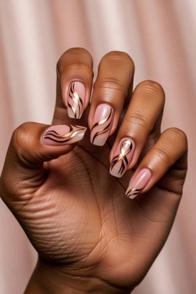 Medium square nails with a soft nude base, decorated with abstract brown, gold, and white swirls, blending warmth and sophistication for January nails.