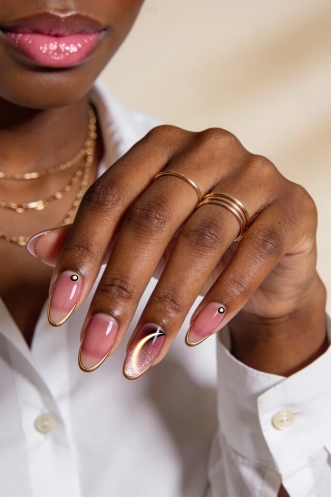 Glossy pink and gold nails with golden outlines, subtle gemstone studs, and a sparkling accent nail with a curved light reflection.