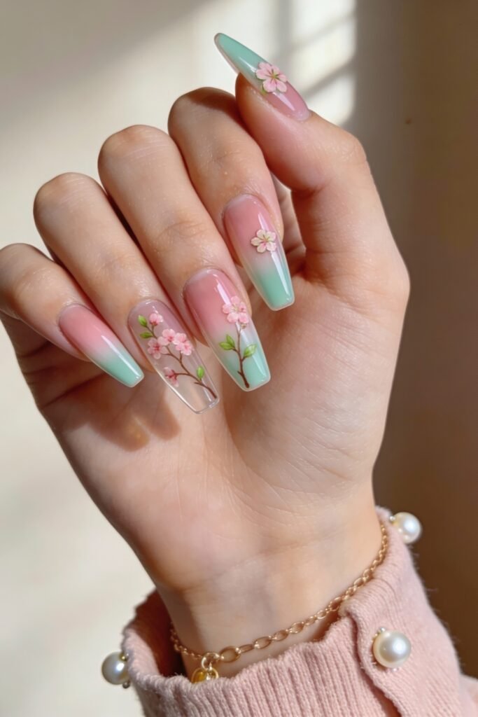 Coffin-shaped nails with a clear base and soft pink-to-green gradient, decorated with detailed cherry blossom branches and 3D floral accents for an elegant and botanical pink and green nails design.