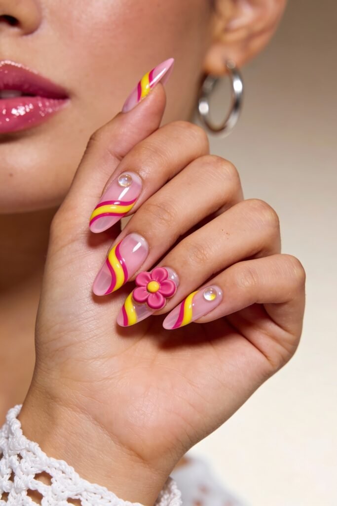 Pink and Yellow Nails That Feel Bright and Wearable 13 A close-up of almond nails featuring pink and yellow wavy stripes, iridescent pearl-like accents, and a 3D flower charm with a yellow center. The background includes part of the person's lips and a silver hoop earring.