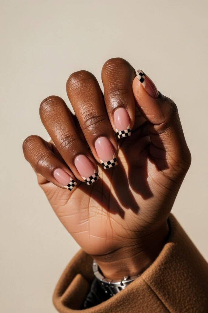 Swaggy Nails That Look Cool and Expensive 13 A neutral nail base with black and cream checkerboard French tips on short square nails, offering a chic and minimalist vibe.