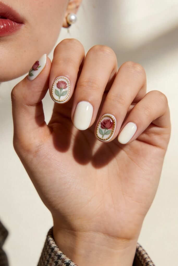 3d Nail Art Ideas That Look Luxe and Wearable 14 Oval cream-colored nails with vintage-style 3d nail art of painted roses framed in gold beaded ovals, evoking the look of antique cameo jewelry.