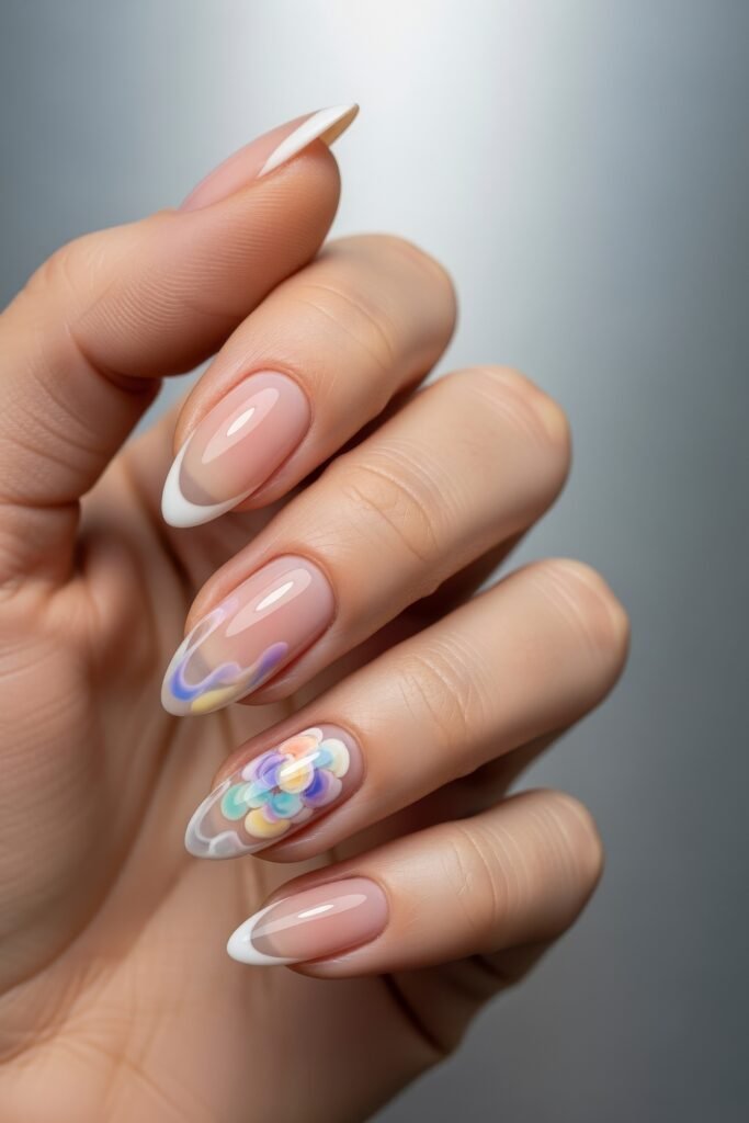 Fresh, Luxe Spring Nail Designs You’ll Want to Save 15 A playful mix of white French tips and abstract pastel swirls, including a multi-colored 3D flower accent, perfect for a vibrant spring nails look.