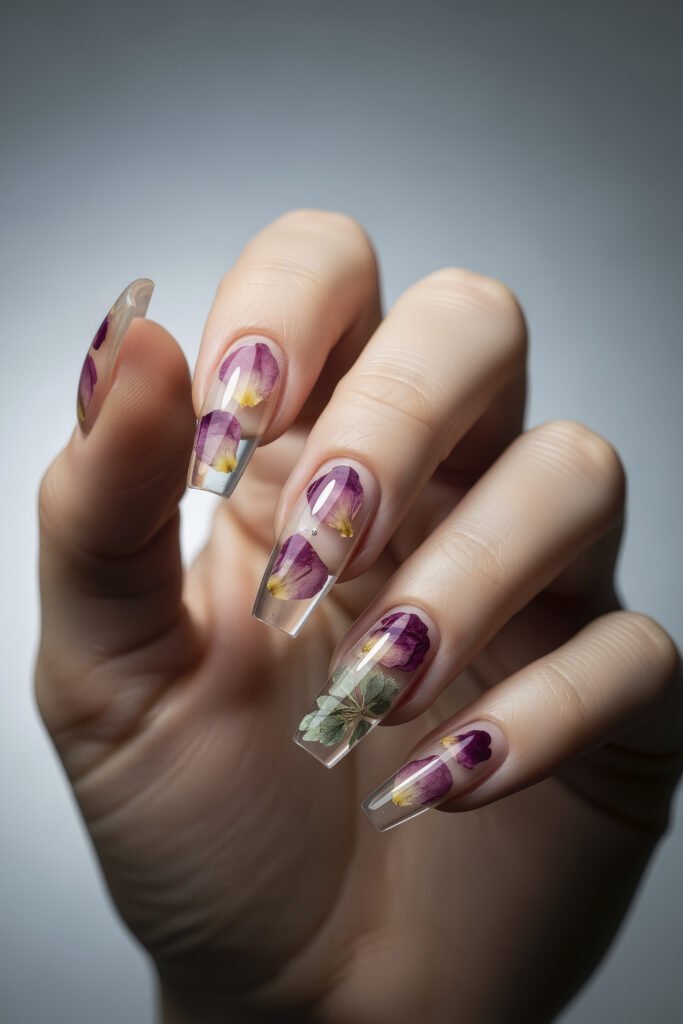 Clear acrylic nails with embedded dried purple and yellow flowers, creating a natural and botanical-inspired nail art look.