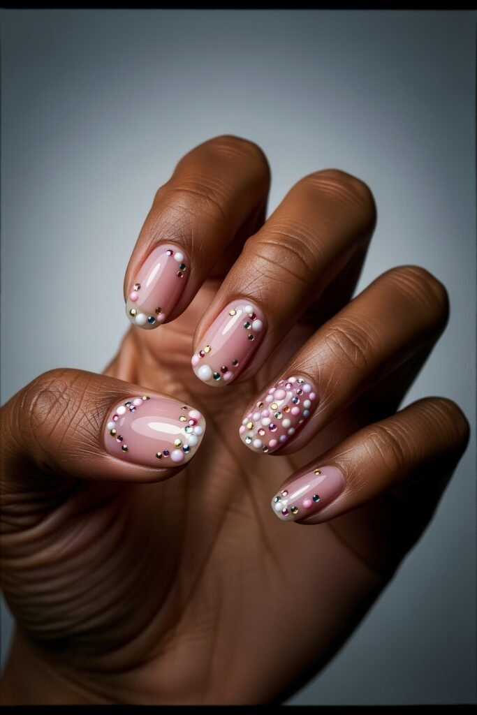 Short oval nails with a glossy nude base decorated in multicolored pearls and metallic beads, forming a festive and textured Easter nails effect.