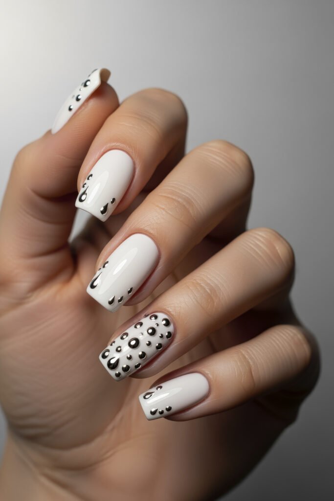 Milky White With Chrome Nails That Look Luxe 15 Glossy white nails with chrome droplets clustered near the tips, and one nail fully embellished with raised chrome accents for a bold, artistic finish.