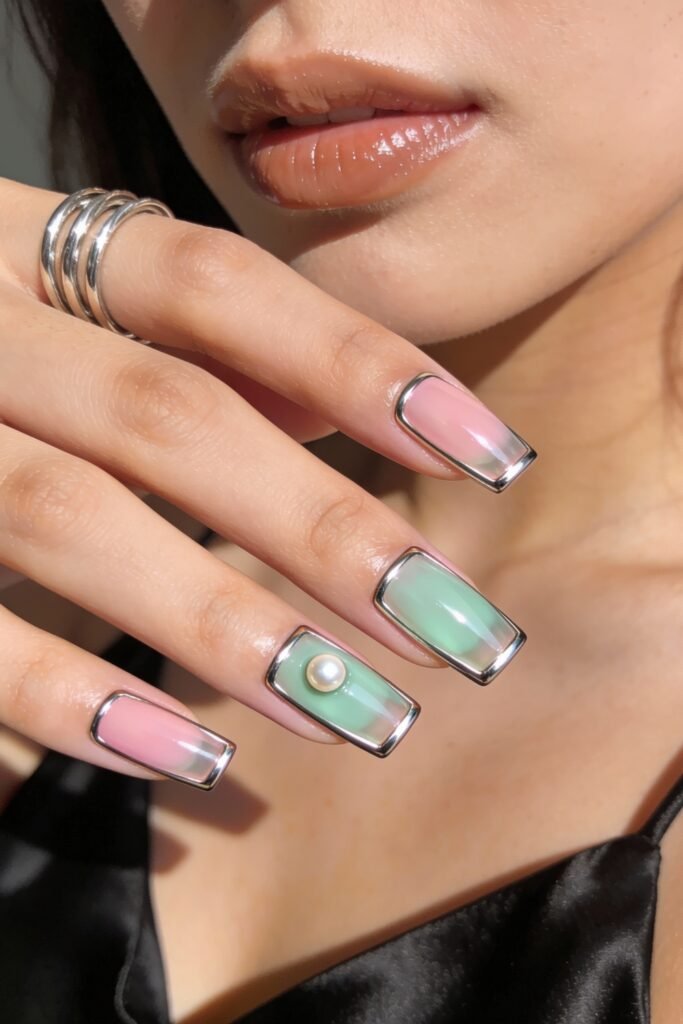 Square nails with a high-gloss finish in alternating pink and green shades, bordered with metallic chrome outlines and pearl embellishments, giving a sleek and modern twist to pink and green nails.