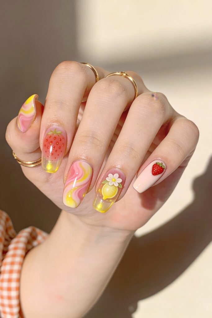 Pink and Yellow Nails That Feel Bright and Wearable 14 Glossy nails decorated with a playful fruit theme. Designs include strawberries, lemons with daisies, pink and yellow swirl patterns, and solid nude-pink bases. The look is bright, detailed, and summery, complemented by gold rings and a gingham sleeve.