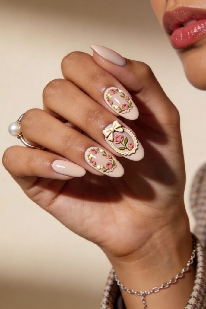 3d Nail Art Ideas That Look Luxe and Wearable 15 Nude almond-shaped nails decorated with ornate 3d nail art of pink roses and leaves, framed with floral wreaths and a central bow charm for a delicate, romantic look.