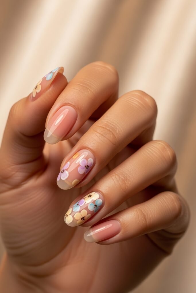 Fresh, Luxe Spring Nail Designs You’ll Want to Save 16 Soft pink ombré nails adorned with pastel floral decals in purple, yellow, and blue, evoking cheerful and whimsical spring nail designs.
