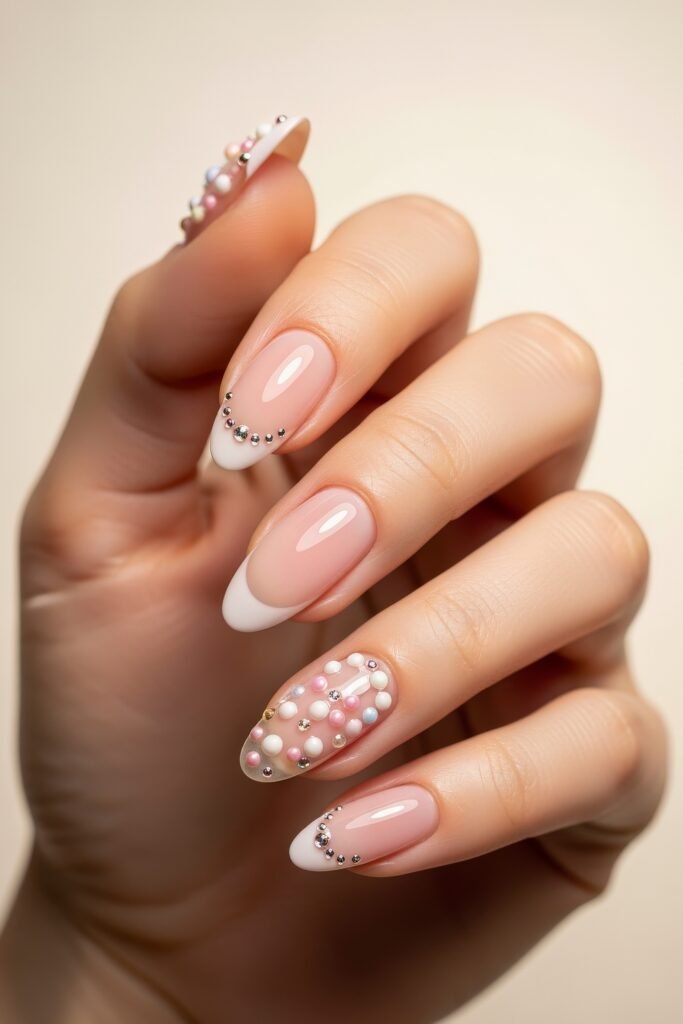 Almond-shaped nails with classic French tips and one accent nail covered in pastel pearls and rhinestones, blending elegance with Easter-inspired texture.