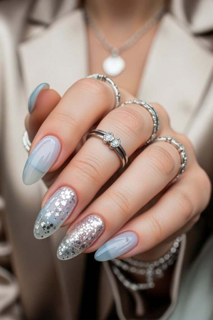 Close-up of nails blending sheer icy blue polish with chunky silver glitter gradients and shimmering topcoat, perfect for a festive Winter Nails design.
