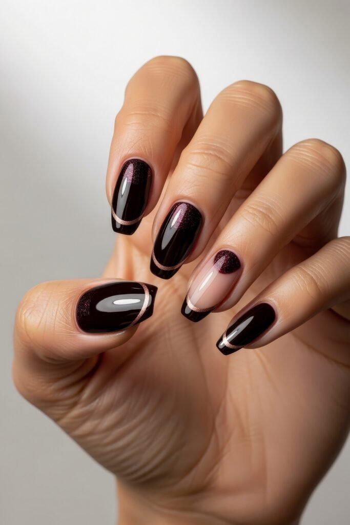 Short square nails in glossy black and burgundy tones, highlighted by fine rose shimmer lines and one negative-space half-moon accent for modern elegance.