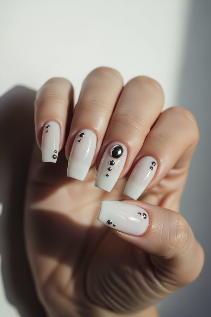 Milky White With Chrome Nails That Look Luxe 16 Square nails with a soft gradient from white to clear, decorated with small chrome studs arranged in varying patterns across each nail.