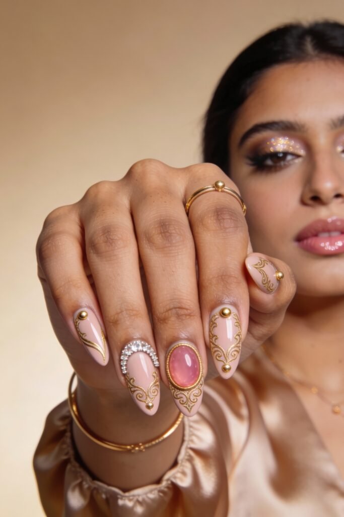 A soft pink and gold nail design featuring crystal accents, filigree patterns, and a large pink gem centerpiece on one finger.