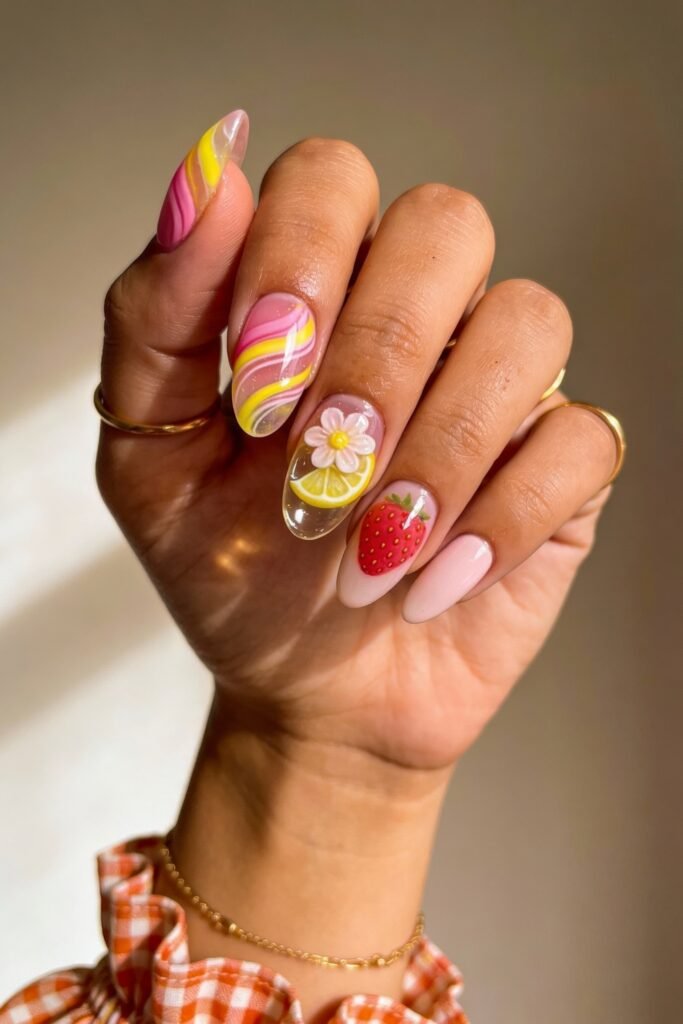 Pink and Yellow Nails That Feel Bright and Wearable 15 A vibrant fruit-inspired nail design with strawberry art, lemon slices, daisies, and pink-yellow swirls. The glossy almond nails are paired with delicate gold rings and an orange gingham ruffled sleeve.
