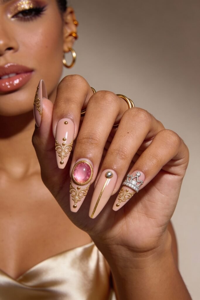 Elegant matte pink nails with intricate gold scrollwork, pearls, and bold accents like a large oval gemstone and a rhinestone crown.