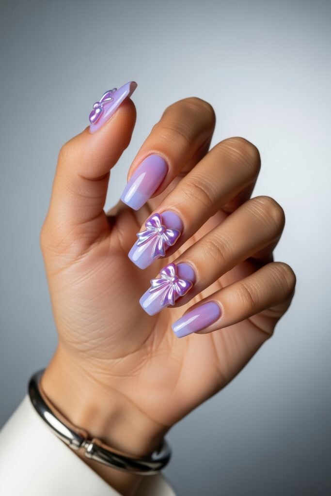 Long square nails painted in a glossy lavender base, embellished with oversized iridescent 3D bow charms for a playful and feminine purple winter nails statement.