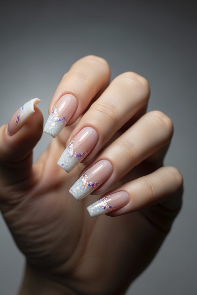 Square acrylic nails featuring pastel blue glitter ombré tips with scattered iridescent flakes, blending sparkle and softness for a fresh Acrylic Nail Ideas look.