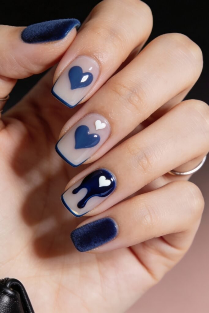 Glossy square nails with bold blue hearts, dripping effects, and velvet texture on the thumb and pinky, combining fun and creativity in a trendy blue valentine nails style.