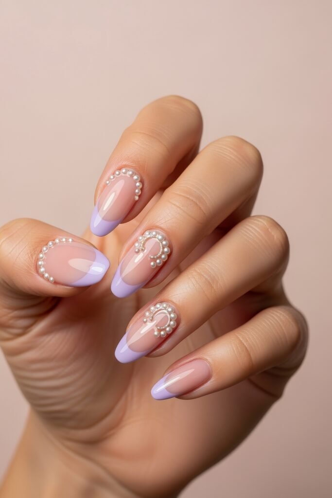 Lavender French tip nails with pearl-studded arches on a glossy nude base, creating a soft and graceful style perfect for Easter nail designs.