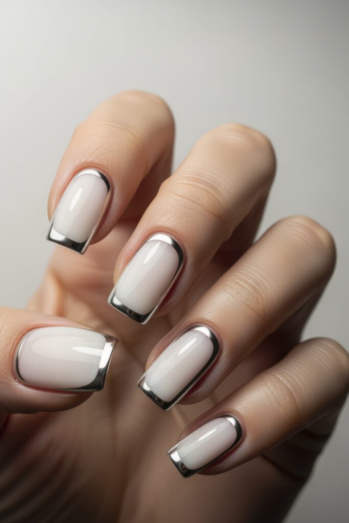 Milky White With Chrome Nails That Look Luxe 17 Square nails in a milky white finish with bold chrome outlines along the edges, creating a sharp and contemporary frame effect.