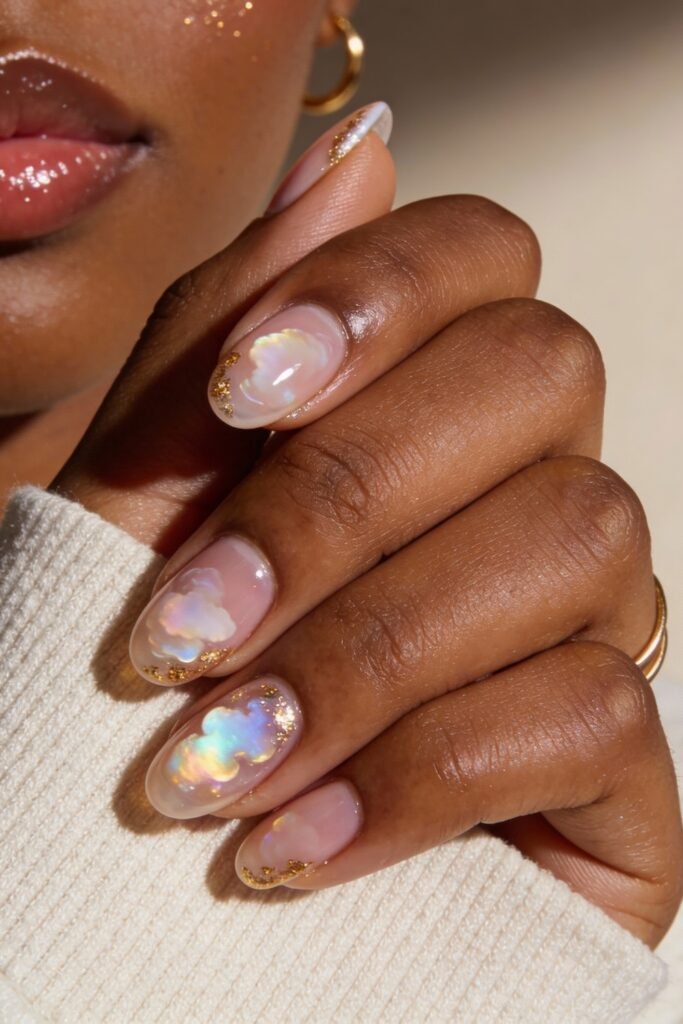 Iridescent pink and gold nails with soft cloud-like designs and delicate gold foil accents on a rounded shape.
