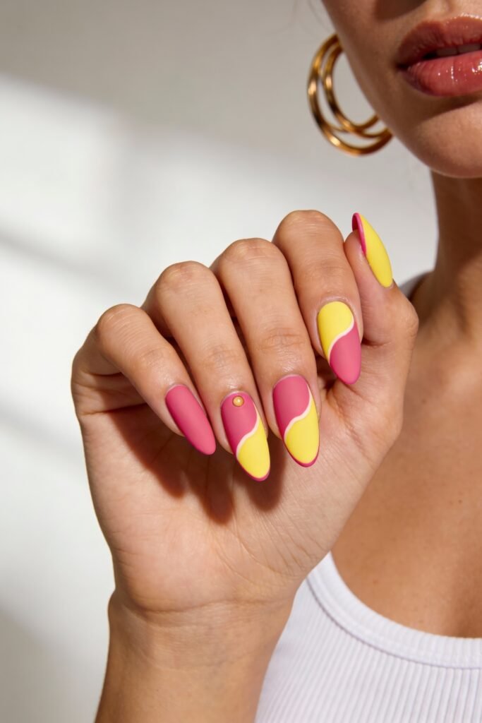 Pink and Yellow Nails That Feel Bright and Wearable 16 Matte almond nails in a color-block style, combining vibrant pink and yellow with organic curved shapes. One nail features a small yellow stud accent. The person wears gold hoop earrings and a white tank top.