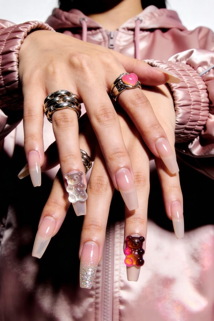 Swaggy Nails That Look Cool and Expensive 16 Long coffin-shaped clear pink nails with 3D gummy bear accents in translucent white and amber, plus one glittery silver nail—fun, candy-inspired Nail Art Ideas.
