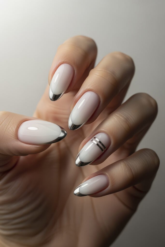 Milky White With Chrome Nails That Look Luxe 18 Almond-shaped nails with a milky white base and striking chrome French tips, including a unique accent nail featuring two slim chrome bands.