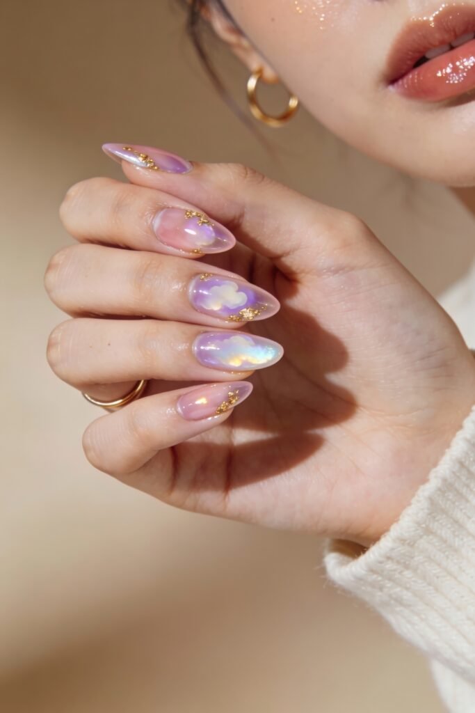 Glossy almond-shaped pink and gold nails featuring dreamy cloud motifs with golden foil highlights and a subtle ombré effect.