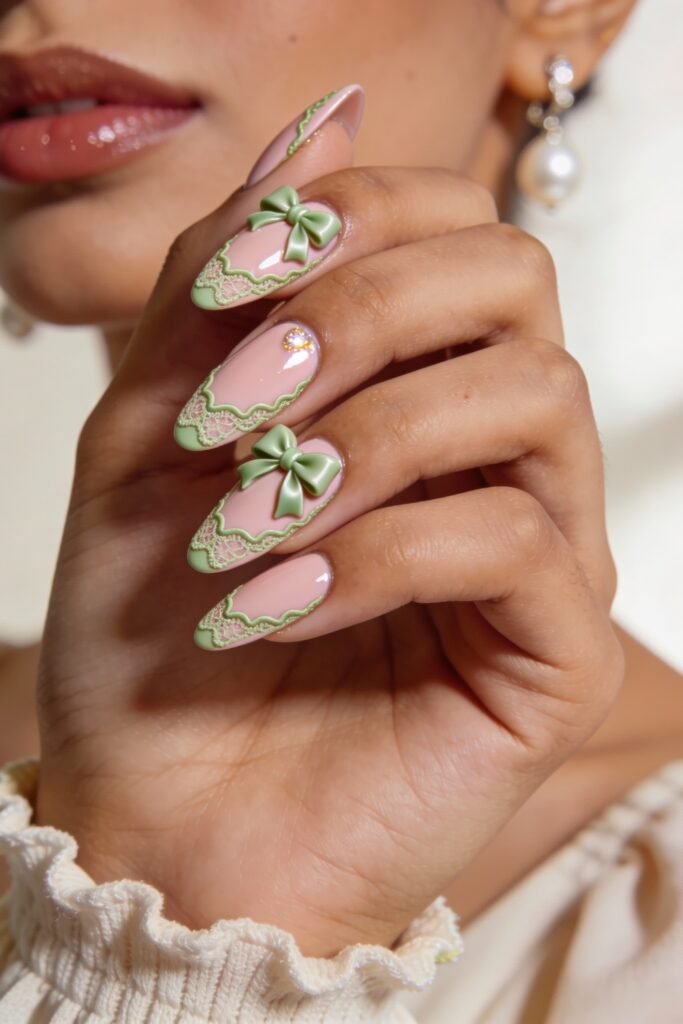 Almond-shaped nails with a glossy pink base and intricate green lace detailing, topped with satin green 3D bows and tiny crystal accents, blending elegance with a soft pink and green nails aesthetic.