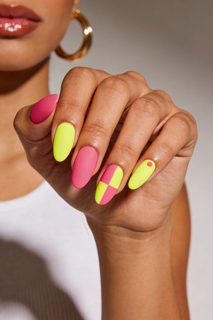 Pink and Yellow Nails That Feel Bright and Wearable 17 Matte almond nails in alternating neon yellow and hot pink, with one checkered pink-yellow nail and a small circular stud on the pinky. The person wears a white tank and large gold hoop earrings.
