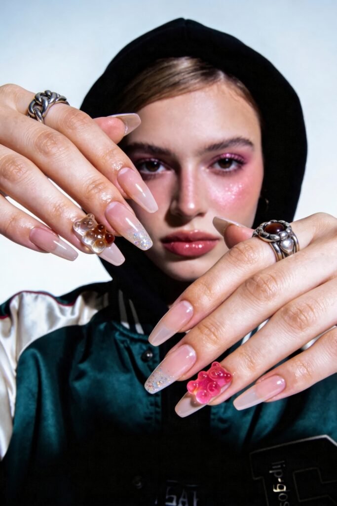 Swaggy Nails That Look Cool and Expensive 17 Neutral long nails with a mix of glittery accents and bold 3D gummy bear charms in pink and amber tones, combining sweet nostalgia with modern swag.