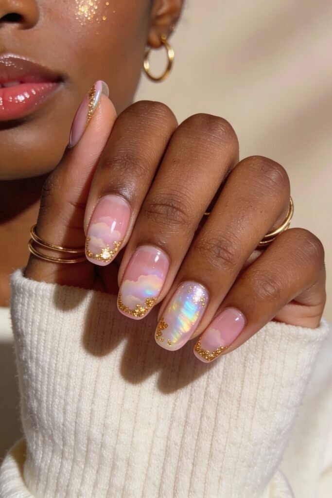 Rounded pink and gold nails with soft cloud art, golden glitter tips, and a holographic accent nail adding a dreamy, ethereal glow.