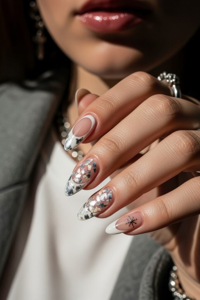 Almond nails featuring a mix of white French tips, silver foil, and snowflake motifs over a nude base, capturing the festive spirit of Winter Nails.